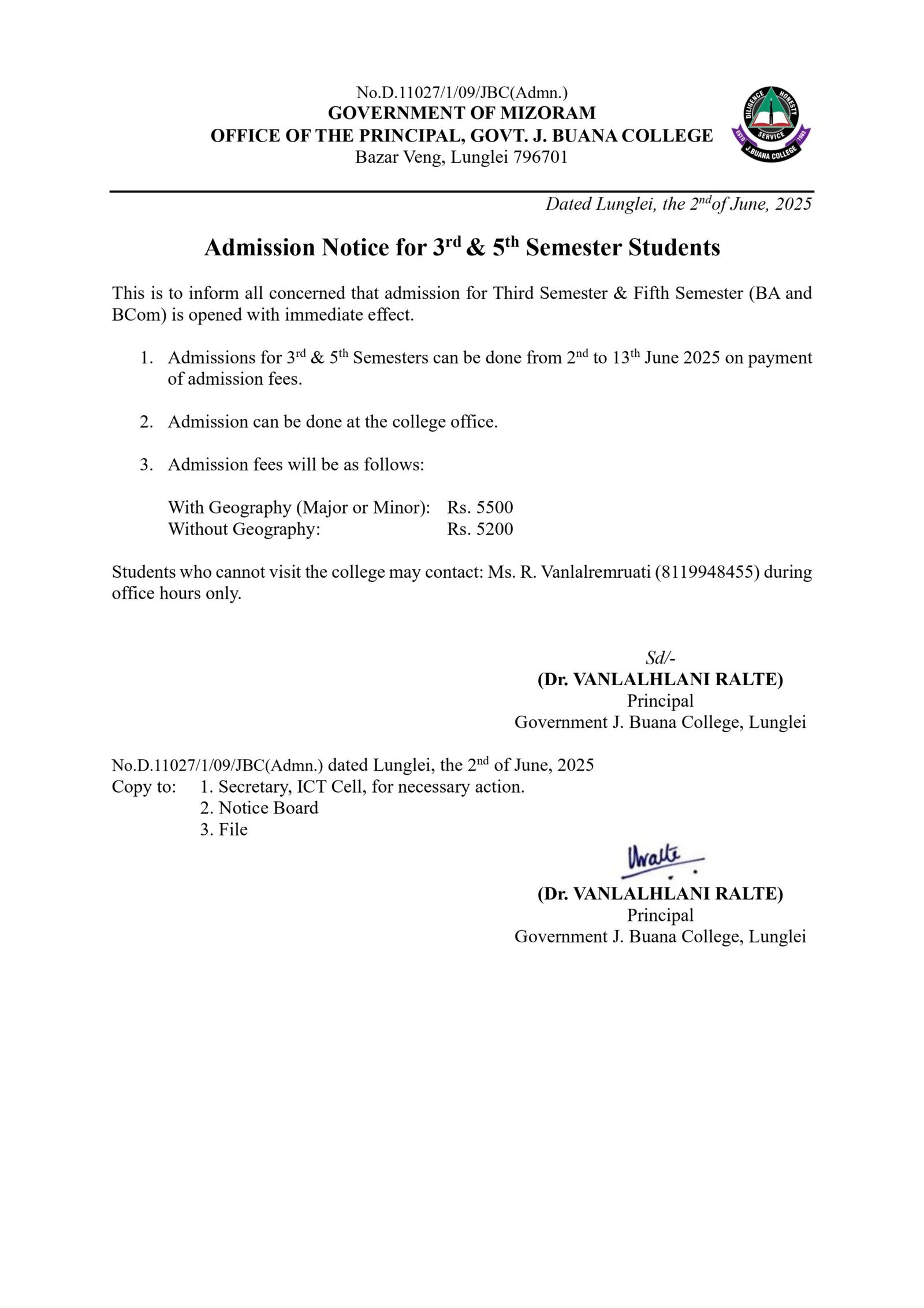 Admission Notice – III & V Semester (BA & B.Com)