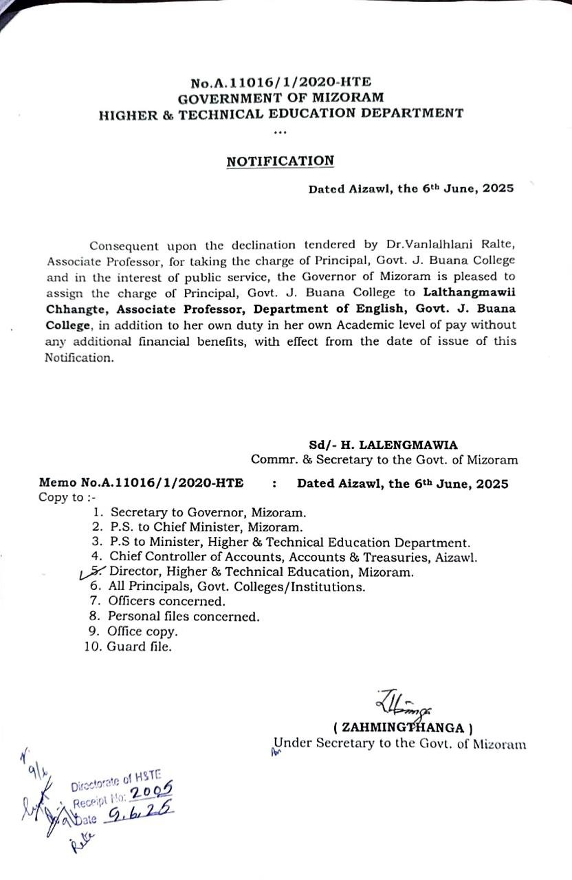 Lalthangmawii Chhangte, Asso. Professor takes charges as the Principal
