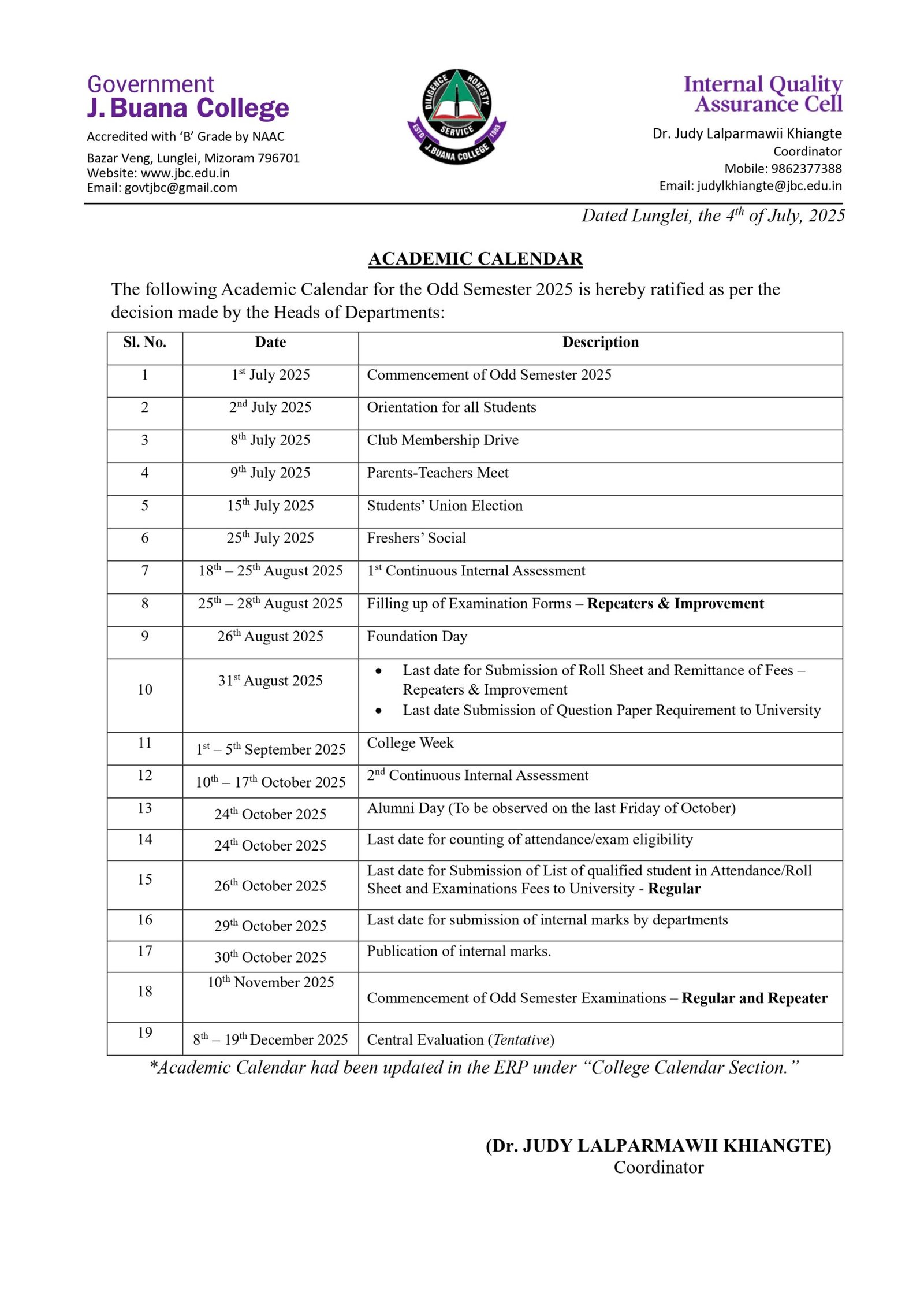 Academic Calendar – Odd Semester 2025