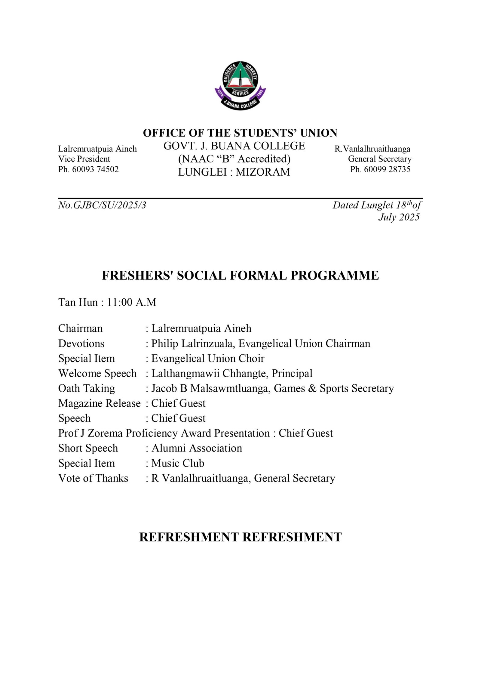 Notice – Freshers’ Social