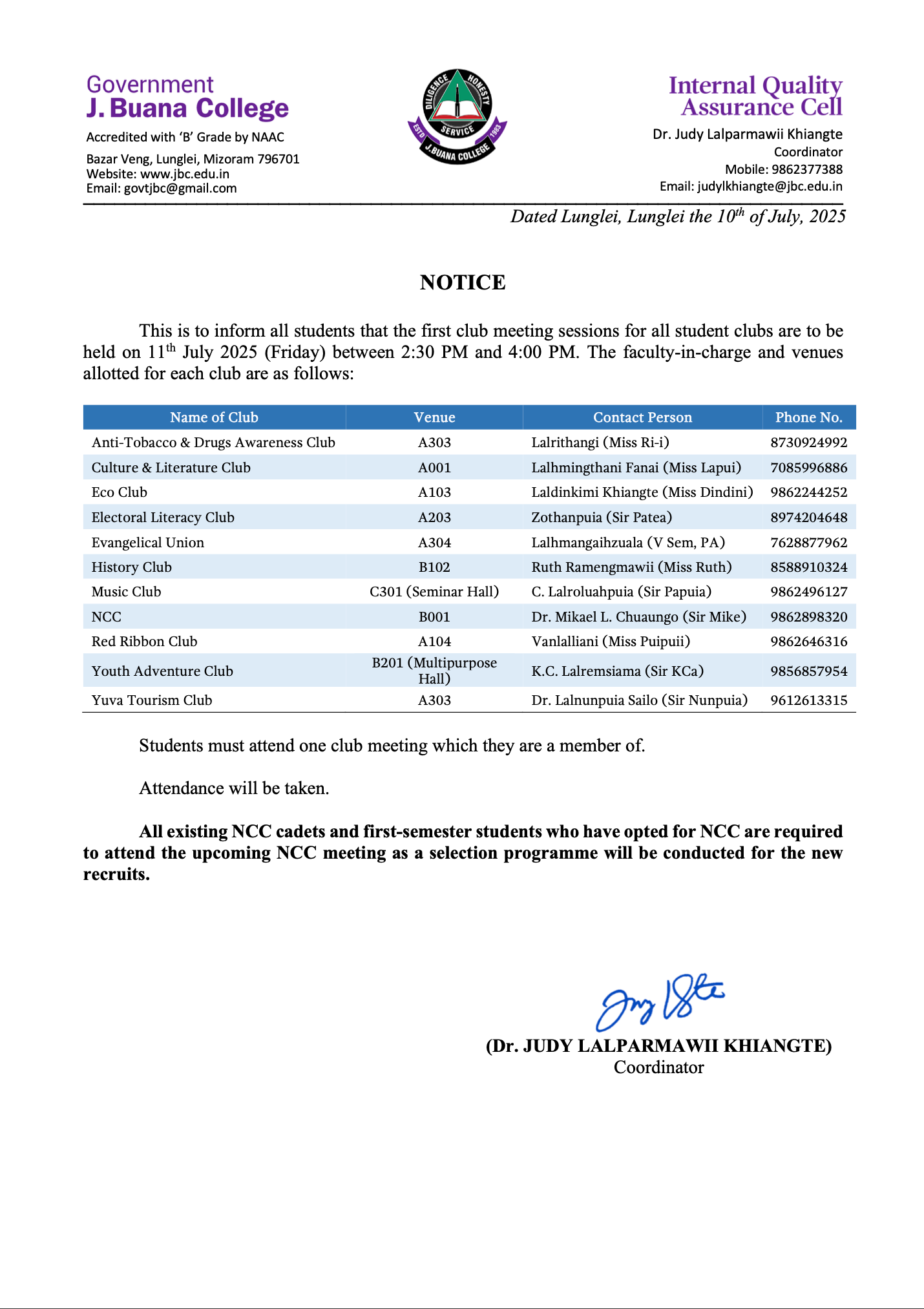 Notice for Club Members